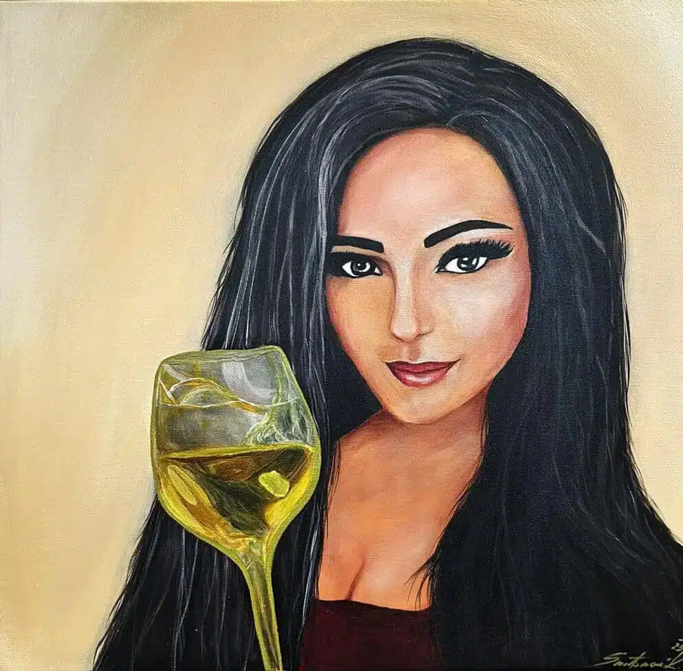The painting is an abstract portrait in acrylic entitled: Woman with the Wine of Truth.
