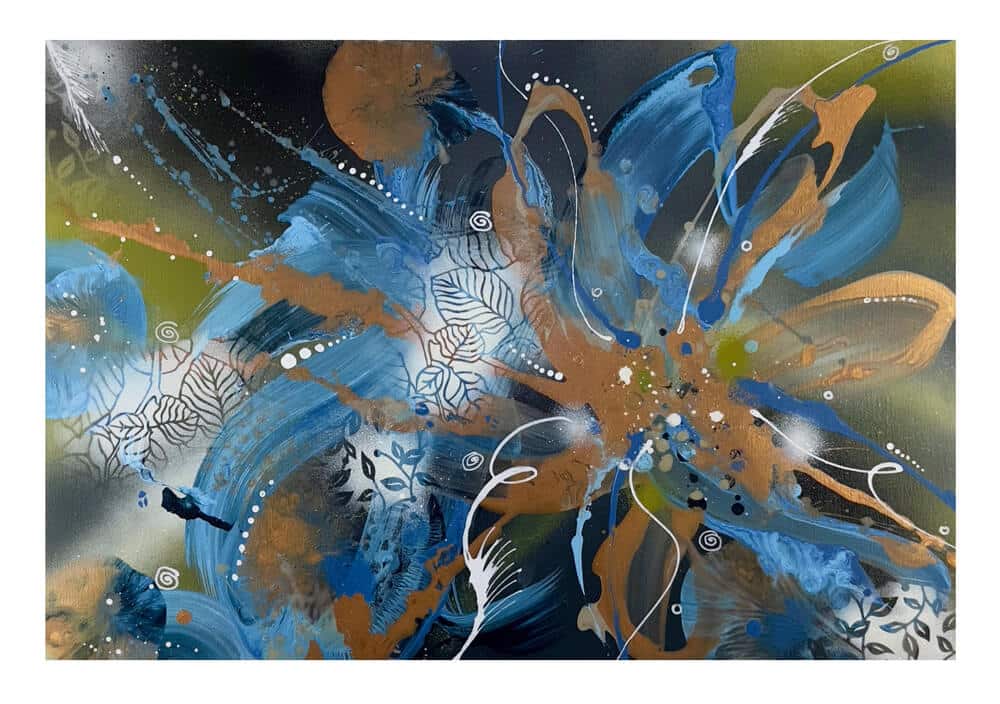 The painting is an abstraction titled: Teak Flora